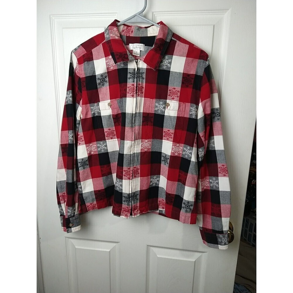 Christopher Banks Red White Black Snowflake Buffalo Check Zip Shacket. Size S